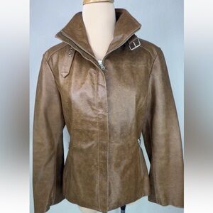 Vera Pelle Ostrich Leather Tan Moto Jacket Women's M